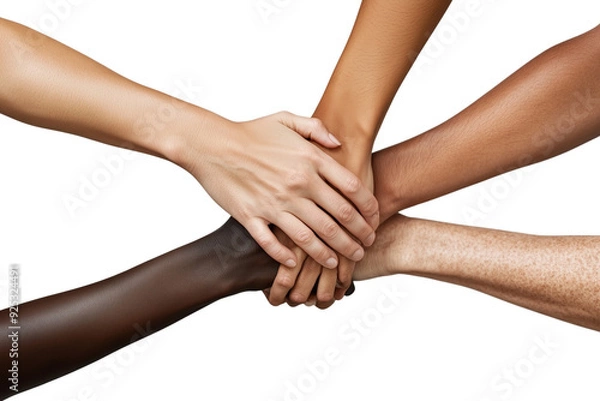 Fototapeta photorealistic photo of multiple hands holding each other in the center, isolated on a transparent background