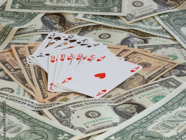Fototapeta hearts poker and poker game against background made of dollars
