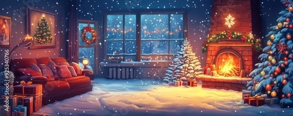 Fototapeta Adorable Christmas eve character cartoon. A collection of 2D Christmas images and characters. Santa Claus, snowman, house, and trees in a Christmas wallpaper.