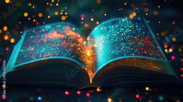 Fototapeta Create 5 prompts for stock photos related to Book with colorful lights representing imagination with 100-200 characters and ending with