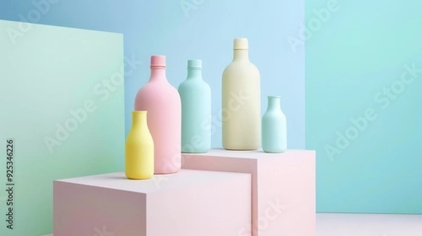 Fototapeta A collection of pastel bottles on tiered platforms in a minimalist setting of blue and green tones, showcasing a serene and modern visual arrangement.
