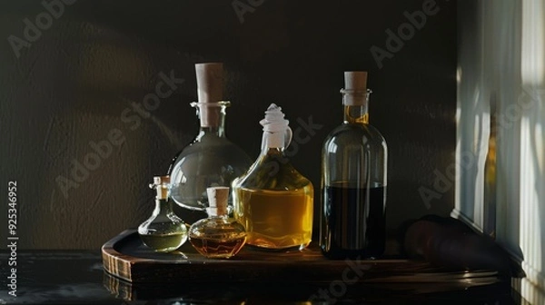 Obraz Sunlit bottles of various oils sitting on a wooden tray, casting beautiful reflections and shadows on a serene kitchen counter.