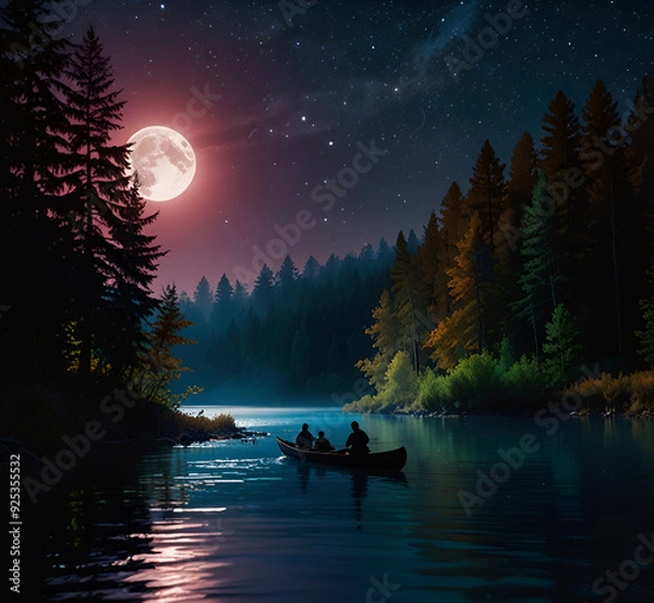 Obraz a surreal night scene in a dense forest where a large AI generative