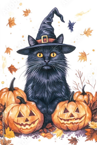 Fototapeta Cute black cat in a witch hat surrounded by jack-o'-lanterns and autumn leaves, perfect for Halloween illustration