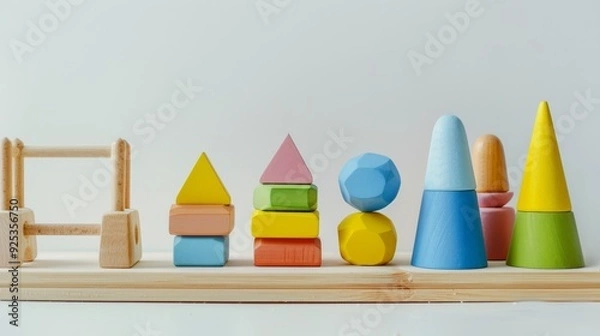 Fototapeta A row of colorful, geometric wooden toy blocks artfully lined up on a simple wooden shelf, showcasing a playful yet organized design.