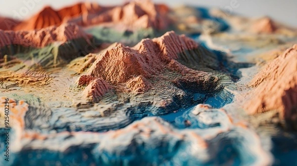 Fototapeta Vibrant 3D Topographic Map with Mountain Ranges and Water Bodies