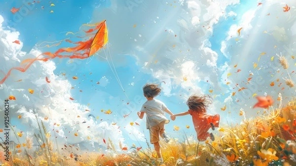 Fototapeta Two children hold hands as they joyfully run through a field of flowers while flying a red kite under a bright blue sky filled with white clouds and falling petals.