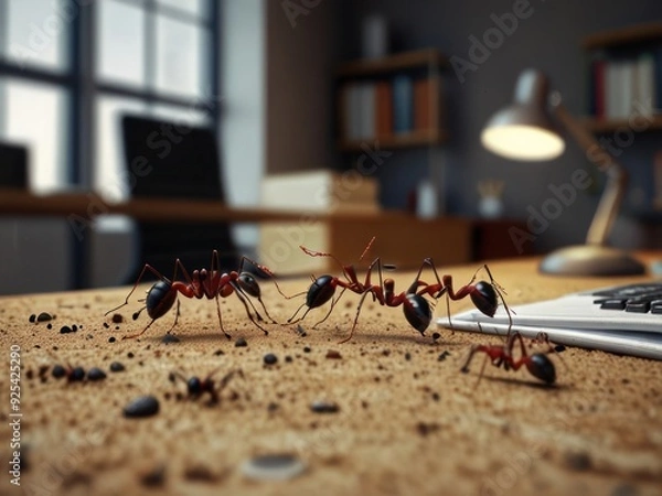 Fototapeta Close-Up of Ants Marching Across a Desk in Modern Office Setting