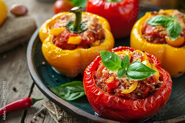 Fototapeta Stuffed Peppers with Tomato Sauce, Cheese, and Basil