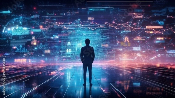 Fototapeta A leader stands before a digital interface, showcasing data streams and AI in a transformative enterprise.