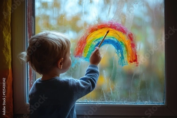 Fototapeta a child boy paints a rainbow on a window 
