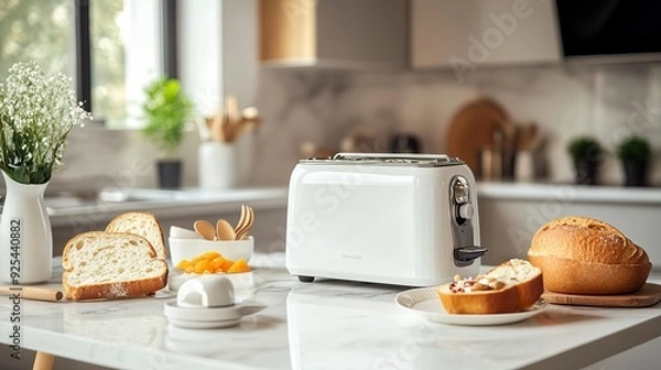 Fototapeta Another view of a modern toaster and breakfast setup on a white marble table in a kitchen