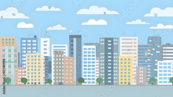 Fototapeta Flat Cityscape Illustration With Blue Sky and Clouds