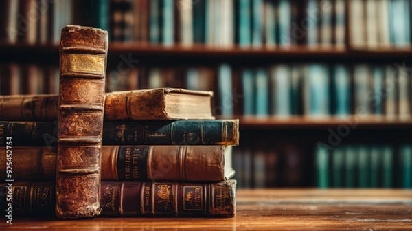 Fototapeta A stack of old books on table with blur book shelf in library room, education background -