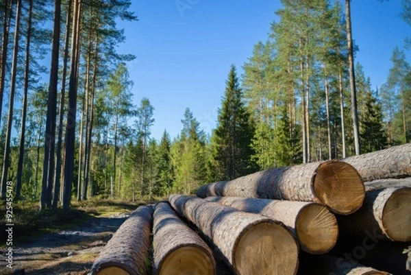 Fototapeta Stacks of logs in a forest clearing under a clear blue sky with tall pine trees in the background.