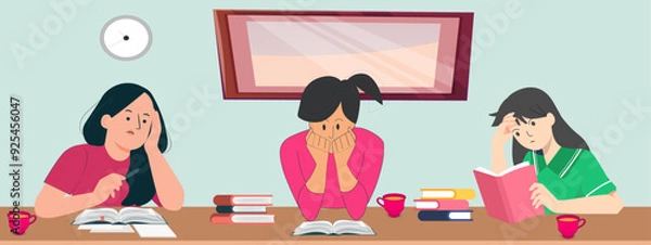 Obraz Confused three girls prepare for the exam at midnight while studying textbooks at home—flat vector illustration.