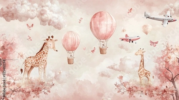 Obraz A kids' wallpaper mural featuring cycling animals with balloons, including a giraffe and elephant, set against a watercolor pink background. The design includes hot air balloons, blooming flowers