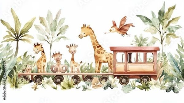 Obraz A watercolor hand-drawn illustration of a train with jungle animals, set against a white isolated background