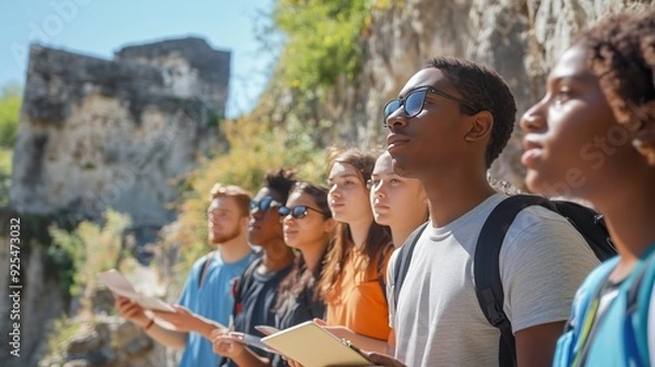 Obraz Excited students on a field trip eagerly listened to their guide at a historical site.