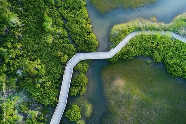 Obraz Aerial view of a wooden boardwalk curving through a lush green wetland with water and vegetation.