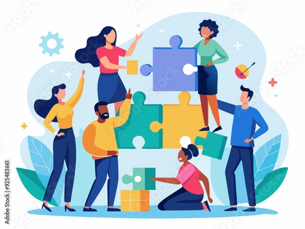 Fototapeta Teamwork problem solving concept, puzzle piece idea solution illustration