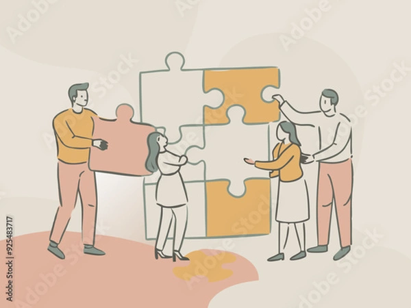 Fototapeta Teamwork problem solving concept, puzzle piece idea solution illustration