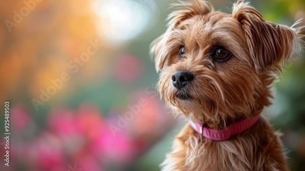 Fototapeta A small brown dog with a pink collar sits against a blurred backdrop of colorful flowers during late afternoon