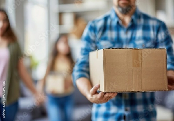 Fototapeta Close-Up of a Man Holding a Cardboard Box with Wife and Daughter Moving Boxes in the Background, Family Moving House Concept