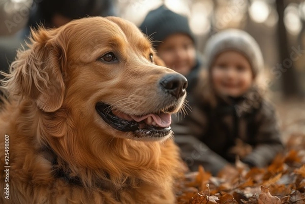 Fototapeta Golden retriever plays with children in autumn leaves at a park in the afternoon