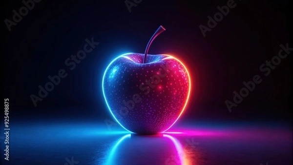 Fototapeta Futuristic glowing neon apple fruit on dark background, Neon, futuristic, glowing, apple, fruit, technology, vibrant