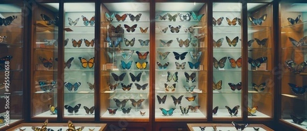 Fototapeta A well-organized butterfly specimen display in a museum reveals a diverse collection of beautifully preserved insects, illuminated by soft lighting.