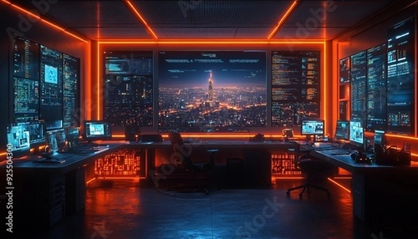 Obraz Next-Generation Network Security: Safeguarding Connectivity in a Digital Era,  scene includes security analysts monitoring real-time data