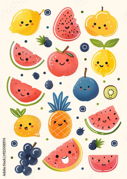 Fototapeta set of tender fruits and vegetables, in watercolor, ideal for children's teaching