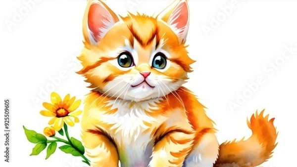 Fototapeta Little ginger kitten with flowers in its paws, space for text 