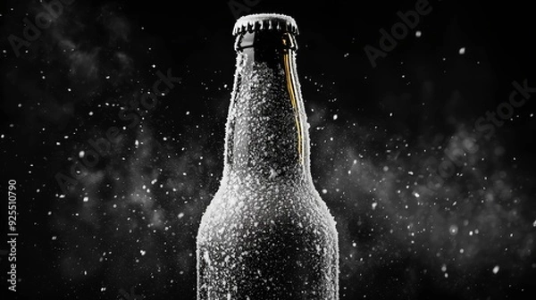 Fototapeta Lots of white frost on a beer bottle on a clean black background.