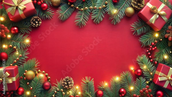 Fototapeta Christmas background with fir branches, red decorations and gift boxes on red background. Top view with copy space