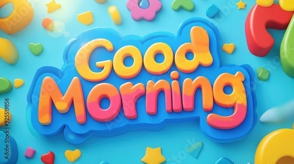 Obraz Cheerful Good Morning greeting with colorful letters and playful shapes on a bright blue background