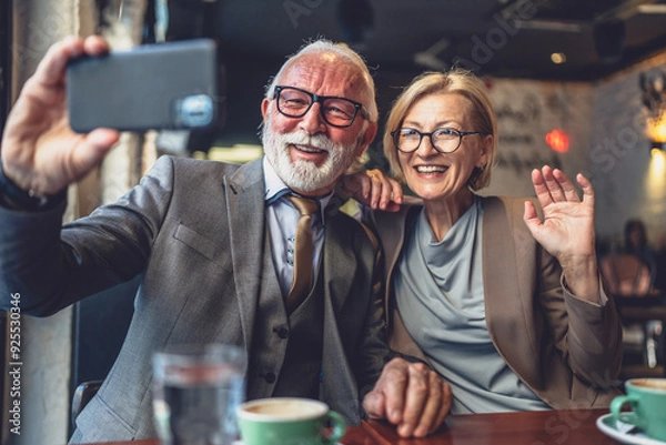 Obraz Senior couple take selfie photos self portraits or video call at cafe