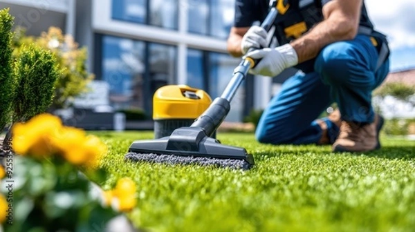 Fototapeta A man is seen cleaning artificial grass in a garden using a vacuum cleaner tool, with a yellow focus on a small flowering plant in the foreground adding depth to the image.