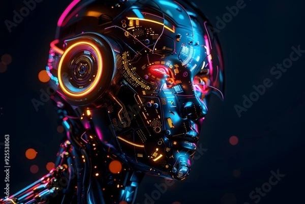 Fototapeta Side view of a humanoid head with blue and yellow eyes and vibrant neon neural network, representing futuristic technology and artificial intelligence