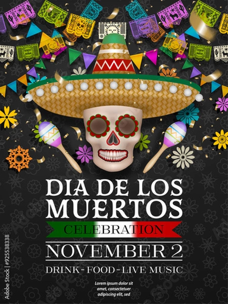 Fototapeta dia de los muertos poster with skull with sombrero and maracas. day of dead background with flowers, colorful pennants and papel picado