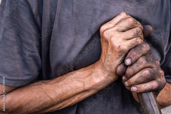 Fototapeta Dirty worker hands. Charcoal burner with dirty hands.