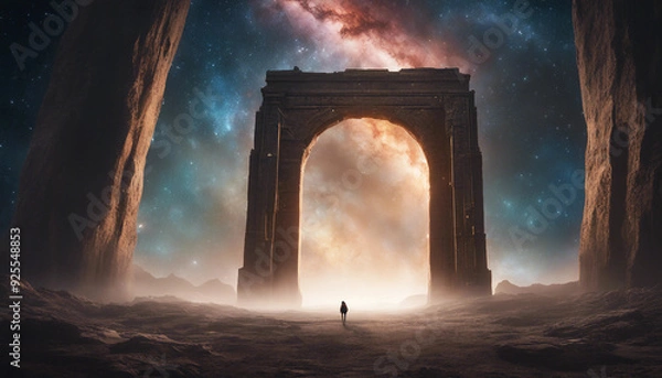 Fototapeta A massive, ancient gateway floating in space, surrounded by swirling stars and nebulae