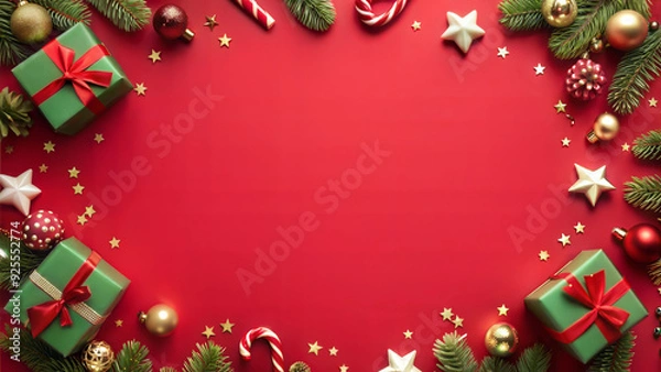 Obraz Christmas background with fir tree branches, gift boxes, christmas decorations and snowflakes. Top view with copy space