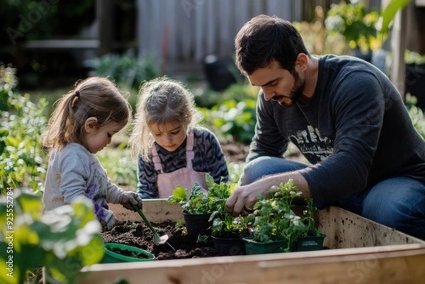 Obraz A photograph of parents and children gardening together in the backyard, with dirt, plants, and bonding