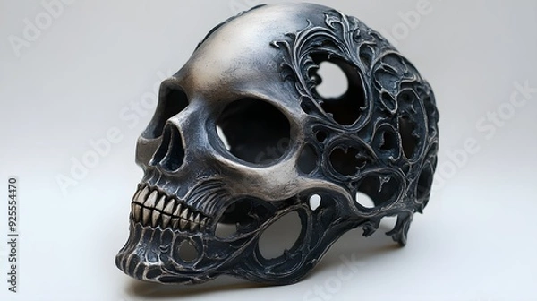 Fototapeta A detailed Halloween mask with exposed bones, intricate carvings, horror style, dark tones, isolated on white background