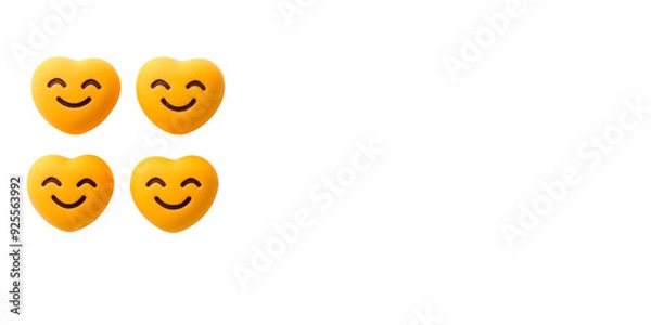 Fototapeta Four yellow heart-shaped emoticons with smiling faces on a white background, representing love and happiness. Ideal for use in social media, messaging, and marketing materials related to positivity 