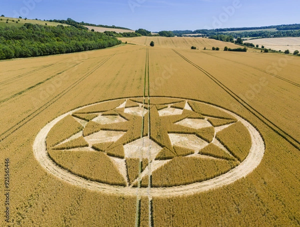 Obraz Aerial view of an intricate geometric crop circle formation in a wheat field near Marten in Wiltshire, England, UK