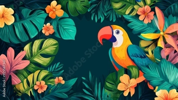Fototapeta Colorful tropical illustration featuring a parrot with vibrant flowers and lush green leaves, with a large blank space in the middle