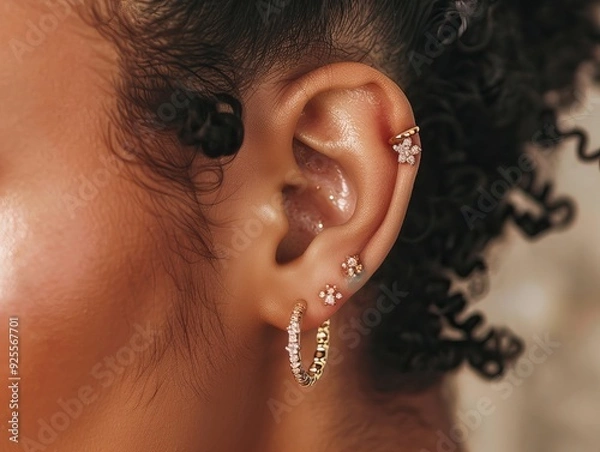 Obraz Close-up of Stylish Multiple Ear Piercings with Elegant Gold and Diamond Earrings